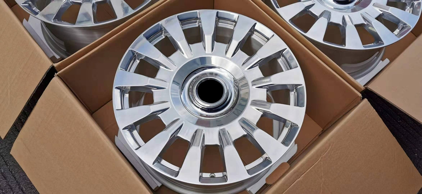 OEM We produced premium quality forged wheels rims for ROLLS ROYCE PHANTOM Our wheels sizes: Front 21 x 9.5 ET 25 Rear 21 x 10 ET 30 Finishing: Chrome Forged wheels can be produced in any wheel specs by your inquiries and we can provide our specs
